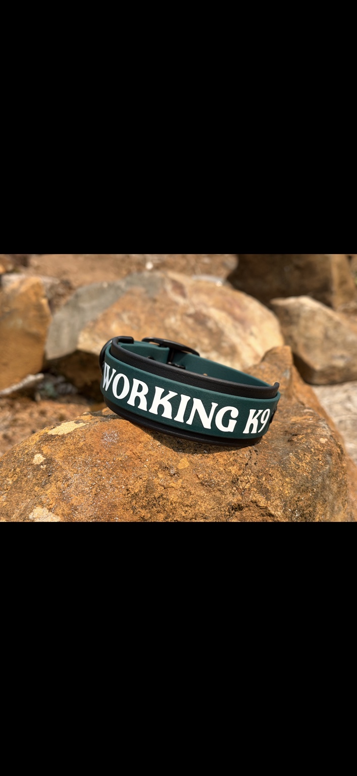 Working K9: Deep green with bold white lettering.